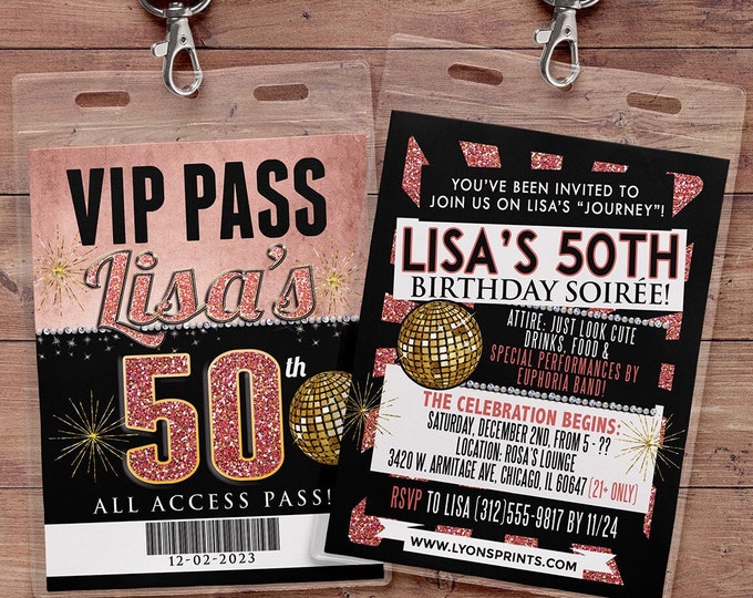 VIP Pass, 50th, 40th, 30th, 21st birthday, backstage pass, birthday invitation, limo party invite, bachelorette party, party bus