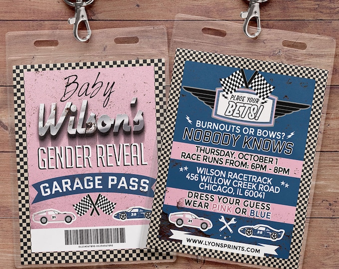 Gender reveal invitation, Retro Race Car Invitation, Pitt Pass, Vintage Race Car Invite, Race Car Birthday, VIP pass, baby shower