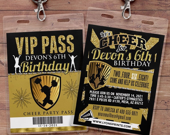 Cheerleading invitation, VIP PASS, Cheerleading, Cheerleading birthday, backstage pass, birthday invitation, glitter, pom pom, cheer