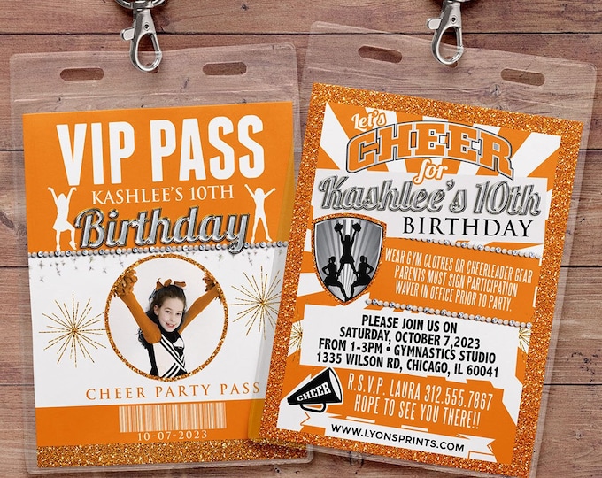 Cheerleading invitation, VIP PASS, Cheerleading, Cheerleading birthday, backstage pass, birthday invitation, glitter, pom pom, cheer