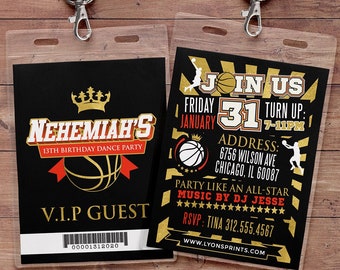 May include: A black and gold VIP guest pass with a basketball theme. The pass has the text "Nehemiah's 13th Birthday Dance Party" and "V.I.P Guest". The pass also has a barcode and the number "00001312020".