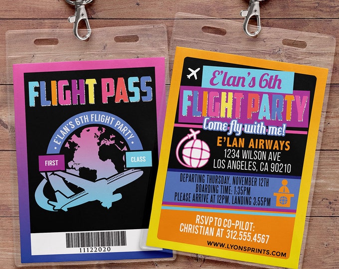 Flying, VIP Pass, flight pass, invitation, birthday invitation, travel party travel party, flying party, airplane, vintage, Neon party