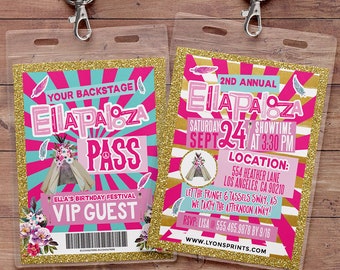 May include: A pink and gold glitter VIP pass with a teepee design and the text "Ellapai8za" and "Your Backstage Pass". The pass is for Ella's Birthday Festival and says "VIP Guest".