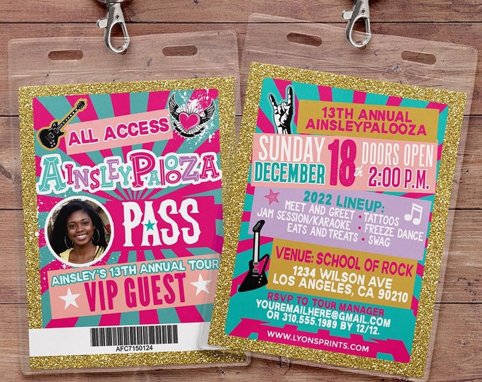 Rock Star, VIP PASS, backstage pass, Vip invitation, birthday, pop star, rock star birthday, roller-skate party VIP, pop star birthday party