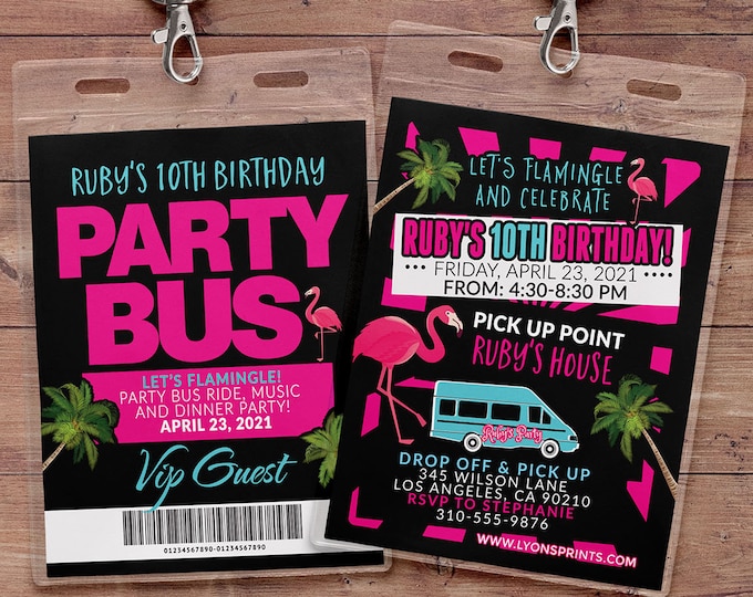 VIP PASS, Limo pass, Birthday party, Flamingle, backstage pass, cocktail party, birthday invitation, wedding, bachelor, party bus