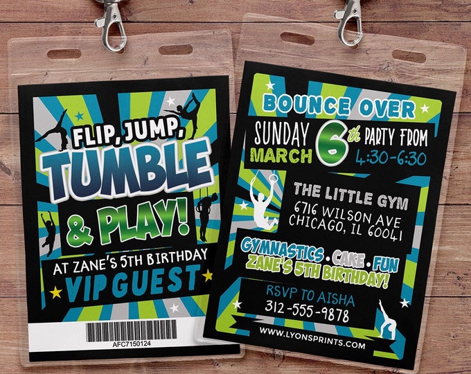 Gymnastic Invitations, Gymnastics Birthday Invitation, Gymnastics Party Invitation, Gymnastics Invite, VIP pass, Birthday invite