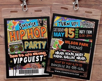 Hip Hop, glow party, VIP PASS, backstage pass, throwback party, birthday invitation, pop star, lanyard, Graffiti, birthday, neon, 90s party