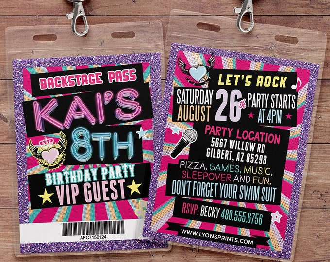 Retro, neon, VIP PASS, backstage pass, Vip invitation, birthday invitation, pop star, birthday invite,  lanyard, Rockstar birthday invite