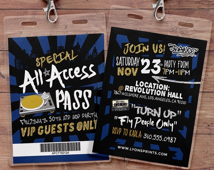 Hip Hop, Swagger, VIP PASS, backstage pass, Vip invitation, birthday invitation, pop star, lanyard, Digital files, Turn table
