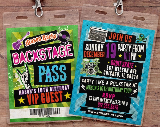 Punk Rock, VIP PASS, backstage pass, Vip invitation, birthday, pop star, rock star birthday, roller-skate party VIP, 80s, Digital files