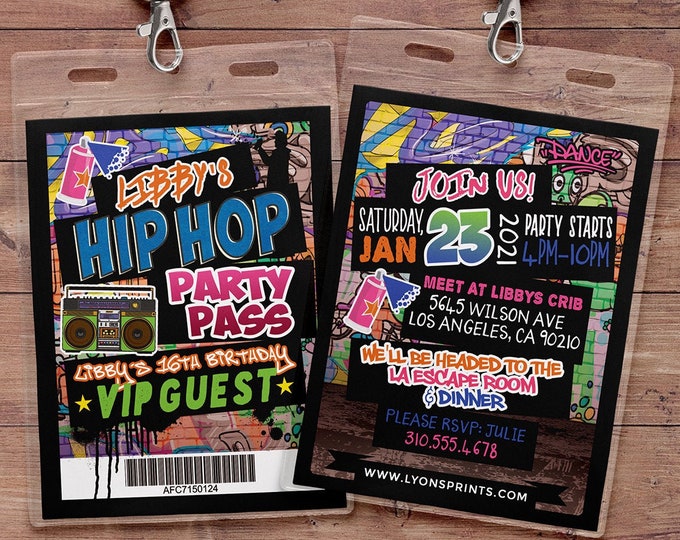 Hip Hop, glow party, VIP PASS, backstage pass, throwback party, birthday invitation, pop star, lanyard, Graffiti, birthday, neon, 90s party