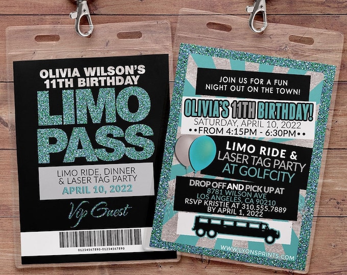 VIP PASS, Limo pass, Birthday party, 21st birthday, backstage pass, cocktail party, birthday invitation, wedding, bachelor, party bus