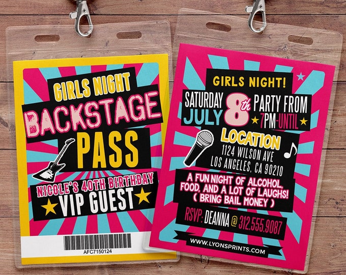 Girls night invite, bachelorette party invite, neon, VIP pass, backstage pass, birthday invitation,Rock Star birthday, Digital files