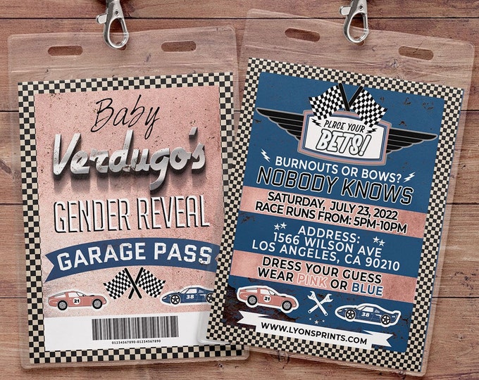 Gender reveal invitation, Retro Race Car Invitation, Pitt Pass, Vintage Race Car Invite, Race Car Birthday, VIP pass, baby shower