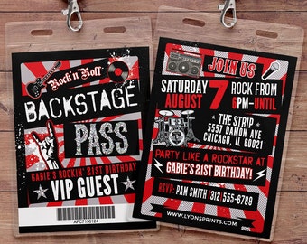 May include: A red, white and black backstage pass with a rock and roll theme. The pass says "Backstage Pass" and "Gabie's Rockin' 21st Birthday" with a VIP guest star. The pass is in a clear plastic holder with a black lanyard.