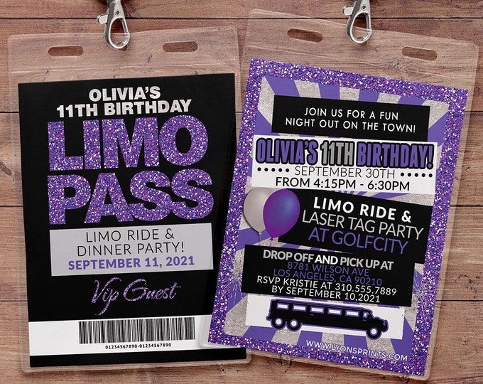 VIP PASS, Limo pass, Birthday party, 21st birthday, backstage pass, cocktail party, birthday invitation, wedding, bachelor, party bus
