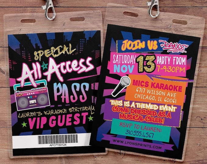 VIP pass, karaoke party, backstage pass, Vip invitation, birthday invitation, pop star, lanyard, Digital files, hiphop invite