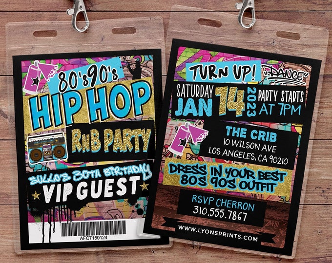 Hip Hop, Swagger, VIP PASS, backstage pass, Vip invitation, birthday invitation, pop star, lanyard, Graffiti, birthday, DJ, 90's party