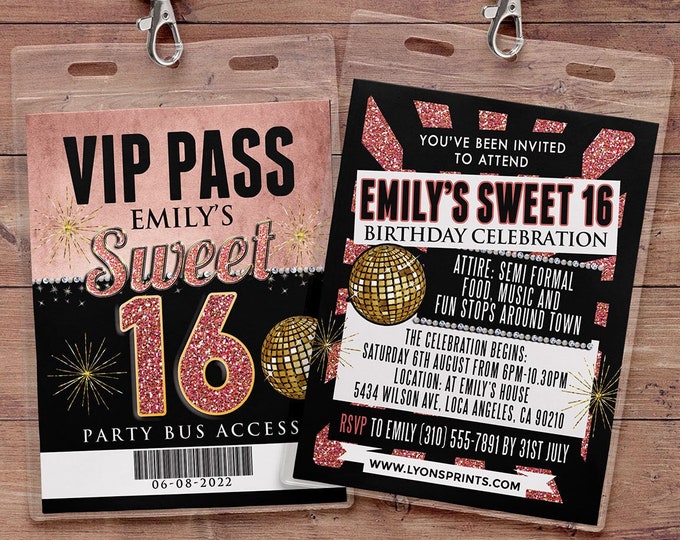 VIP PASS, Sweet 16, 21st birthday, backstage pass, birthday invitation, wedding, baby shower, bachelorette party, party favor, party bus