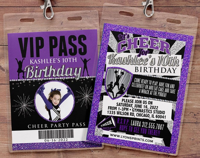 Cheerleading invitation, VIP PASS, Cheerleading, Cheerleading birthday, backstage pass, birthday invitation, glitter, pom pom, cheer