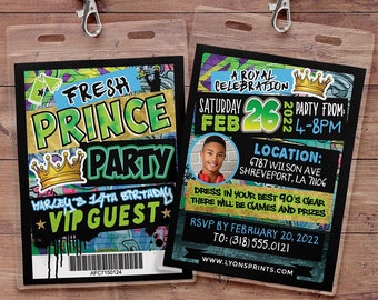 May include: A black and green VIP guest pass with a gold crown and the text "Fresh Prince Party" and "Marley's 14th Birthday". The pass is in a plastic holder with a black lanyard.