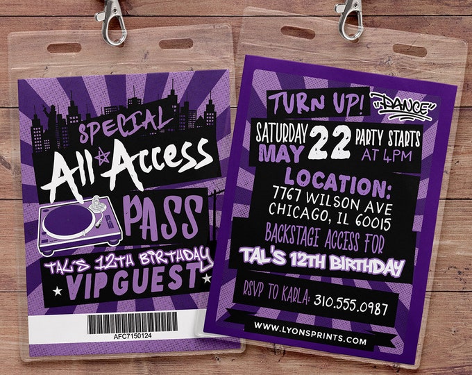 Hip Hop, Swagger, VIP PASS, backstage pass, Vip invitation, birthday invitation, pop star, lanyard, Rock Star birthday, DJ, 90s party