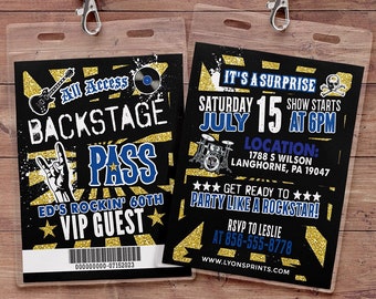 May include: A black and gold VIP pass with the text "Backstage Pass" and "Ed's Rockin' 60th VIP Guest". The pass features a gold star design and a blue and white barcode. The reverse of the pass has a black and gold design with the text "It's a Surprise" and "Saturday July 15 at 6pm". The text "Show Starts" is in a smaller font. The location is listed as "1788 S Wilson, Langhorne, PA 19047". The text "Get Ready to Party Like a Rockstar!" is in gold glitter. The phone number to RSVP is 856-555-8778. The website is www.lyonsprints.com.
