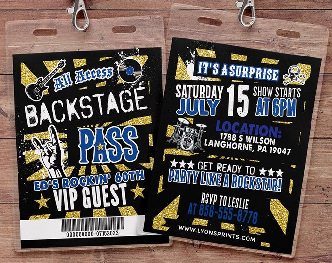 Rockstar invite, Punk Rock, VIP PASS, backstage pass, birthday, pop star, 80s, Digital files