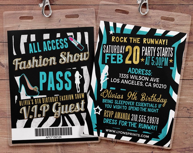 Rock the Runway, ticket birthday party invitation- popstar invitation-  rockstar party, fashion birthday, zebra print, high fashion, runway