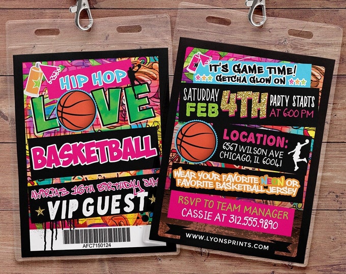 Hip Hop, Basketball, glow party, VIP PASS, backstage pass, throwback party, birthday invitation, Graffiti, birthday, neon, 90s party