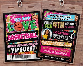 Hip Hop, Basketball, glow party, VIP PASS, backstage pass, throwback party, birthday invitation, Graffiti, birthday, neon, 90s party