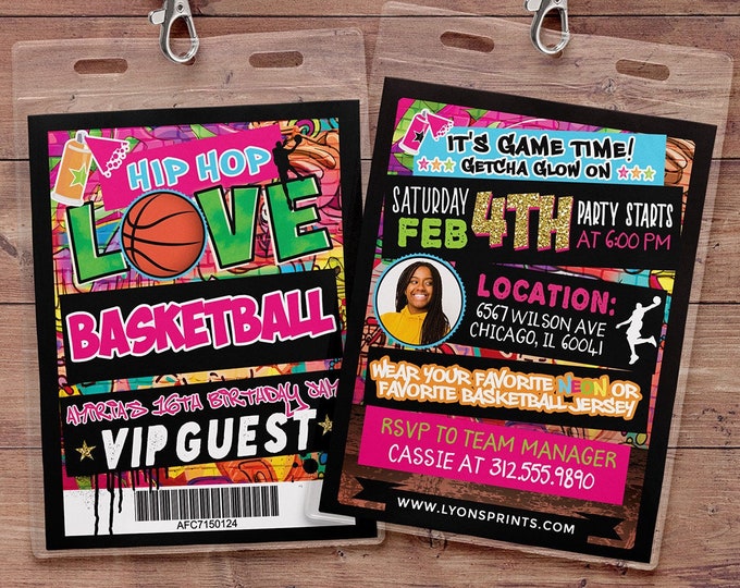 Hip Hop, Basketball, glow party, VIP PASS, backstage pass, throwback party, birthday invitation, Graffiti, birthday, neon, 90s party