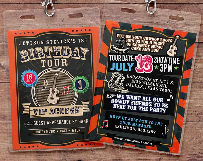 Country music, western, VIP pass, Sweet 16 invite, VIP pass invitation, Birthday invitation, pop star, Nashville, Texas, Cowboy invite