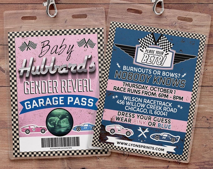 Gender reveal invitation, Retro Race Car Invitation, Pitt Pass, Vintage Race Car Invite, Race Car Birthday, VIP pass, baby shower