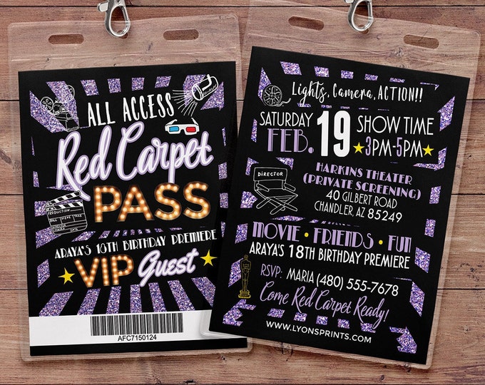 Hollywood Birthday, Sweet 16, VIP pass, backstage pass, Vip invitation, birthday invitation, red carpet, glitter, movie, film, Digital files