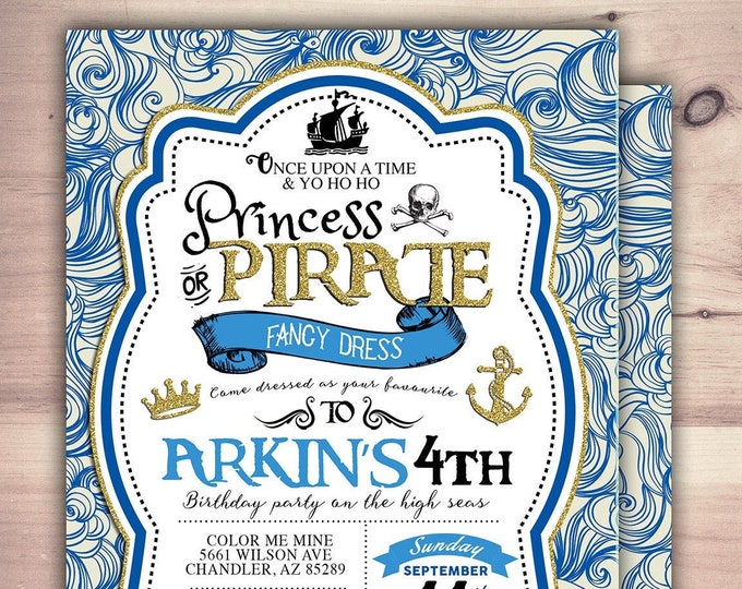 Pirate and Princess Party Invitations Personalised. Pirate and Princess Birthday Invitation, Princess and Pirate invitation , vintage, retro