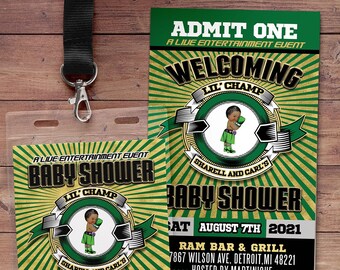Op de afbeelding: Een groen en gouden ticket met de tekst "ADMIT ONE" en "WELCOMING LIL' CHAMP" in zwart. Het ticket is voor een babyshower in Ram Bar & Grill op 7 augustus 2021. Het ticket bevat ook de tekst "VIP GUEST" en een barcode.