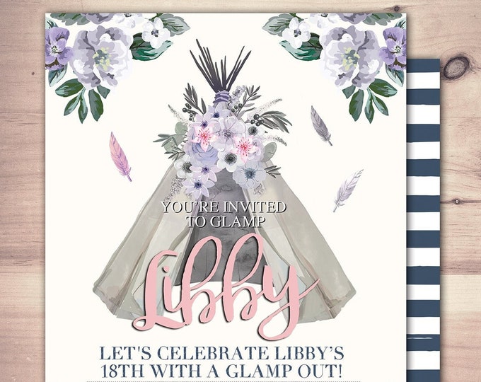 Glamping, Sleepover, camping, Teepee Birthday Invitation, pow wow, BOHO, Tribal, first birthday, 1st birthday, Gold glitter, pajama party