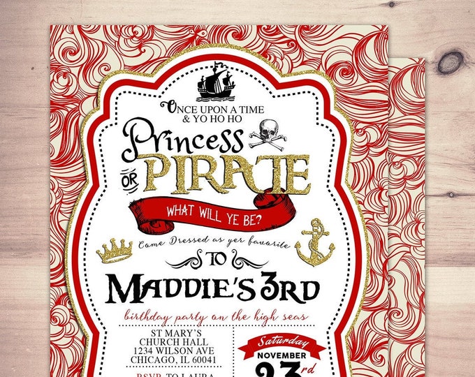 Pirate and Princess Party Invitations Personalised. Pirate and Princess Birthday Invitation, Princess and Pirate invitation , vintage, retro