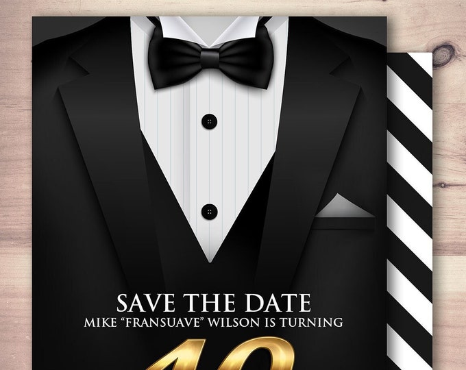 Save the date, Tuxedo birthday party invite, secret agent, detective invite, suit birthday invite, black tie, Aged to perfection invite