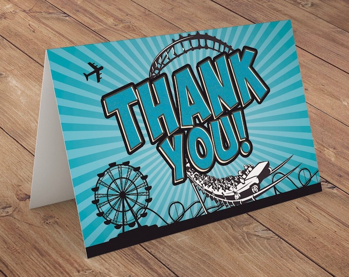 Thank you card, Amusement Park party, super hero birthday, rollercoaster, party decor, greeting card, comic party