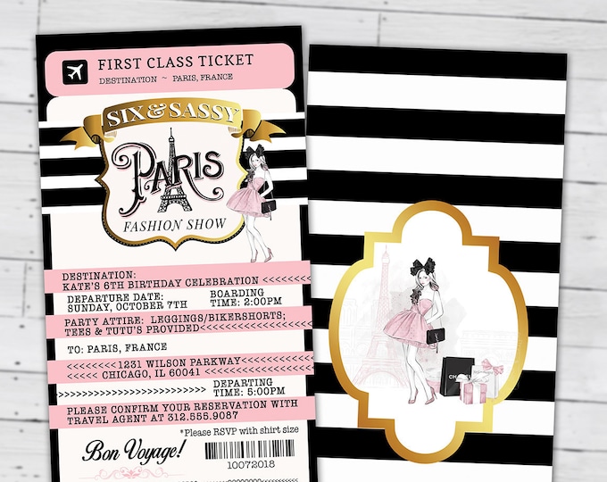 PASSPORT and TICKET, Sweet 16, Quinceanera invitation Girl birthday party, fashion show birthday invitation- Paris, Digital files only