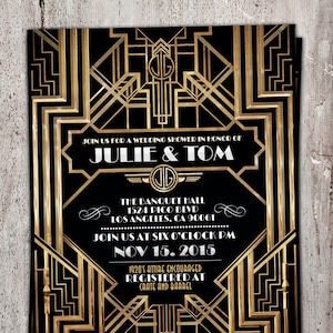 Invitation de douche de mariage Great Gatsby, thème du film hollywoodien, invitation de fête d'anniversaire Invitation numérique imprimable glam noir et or, mariée