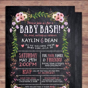 Floral, rustic, BOHO, BabyQ chalkboard couples co-ed Baby Shower BBQ invitation, baby q, boy girl- baby is brewing, baby girl shower