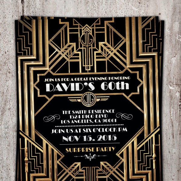Great Gatsby birthday invitation, Roaring 20's, Hollywood film theme party invite. Black and gold glam printable digital invite, glam,
