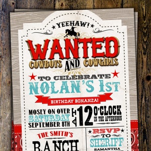 Vintage Cowboy Invitation, boy birthday, cowgirl, rodeo, western invitation, wanted poster, rodeo poster, cowgirl, horse, Digital File