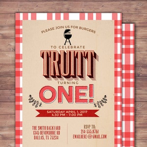 May include: A red and white checkered background with a tan invitation card. The invitation card has a red and white checkered border. The text on the card reads "Please join us for burgers to celebrate Truitt turning one! Saturday April 1, 2017 4:30 PM - 7:00 PM The Smith Backyard 1345 Devonshire Rd Dallas, TX 75234 RSVP to: 214-555.8761 Emailhere@gmail.com www.lyonsprints.com".