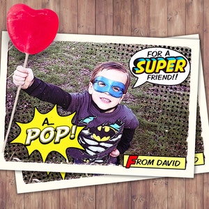 Cómic, super héroe, tarjetas de San Valentín imprimibles - Día de San Valentín, San Valentín infantil, tarjetas, cómic, San Valentín retro, piruleta