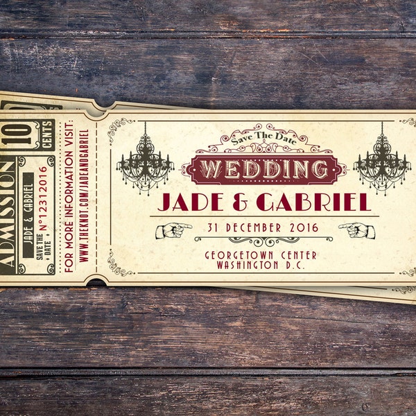 Art DecoVintage Retro Save the Date Ticket Announcement, wedding invitation, wedding shower, old Hollywood , Cinema, retro cinema ticket