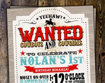 Vintage Cowboy Invitation, boy birthday, cowgirl, rodeo, western invitation, wanted poster, rodeo poster, cowgirl, horse, Digital File